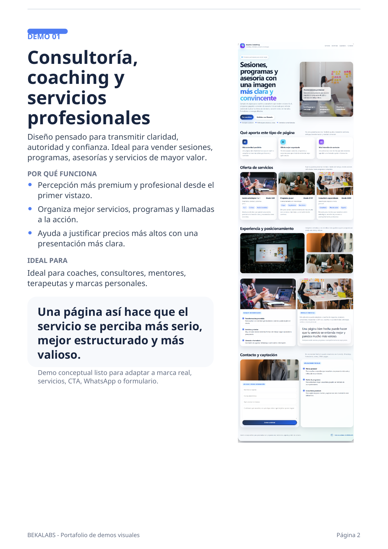 Demo visual de consultoría, coaching y servicios profesionales