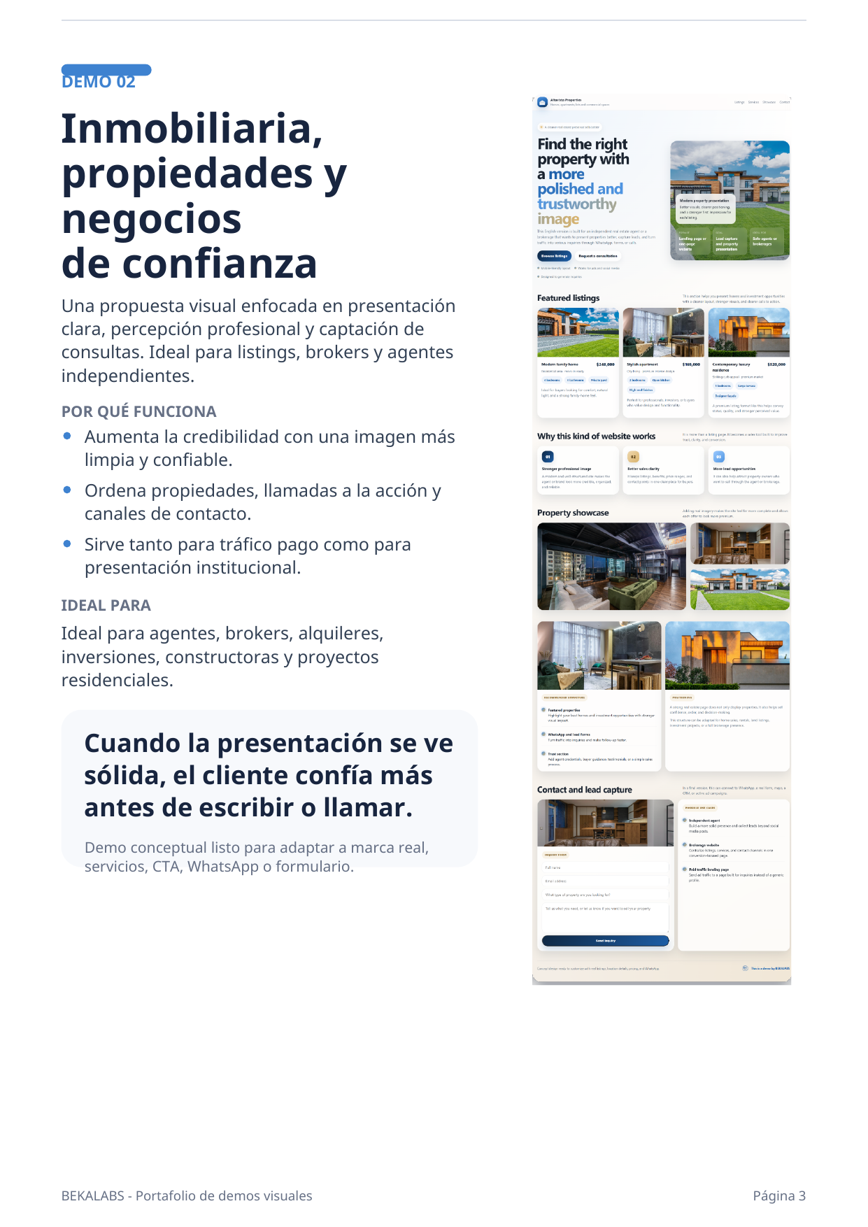 Demo visual de inmobiliaria, propiedades y negocios de confianza
